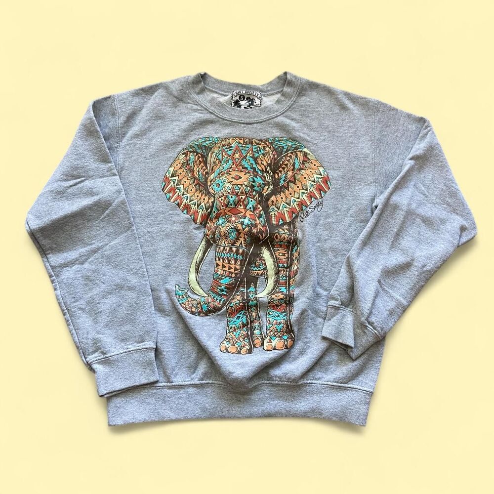 Riot Society Grey Pullover Sweatshirt Aztec/Boho Styled Graphic Elephant